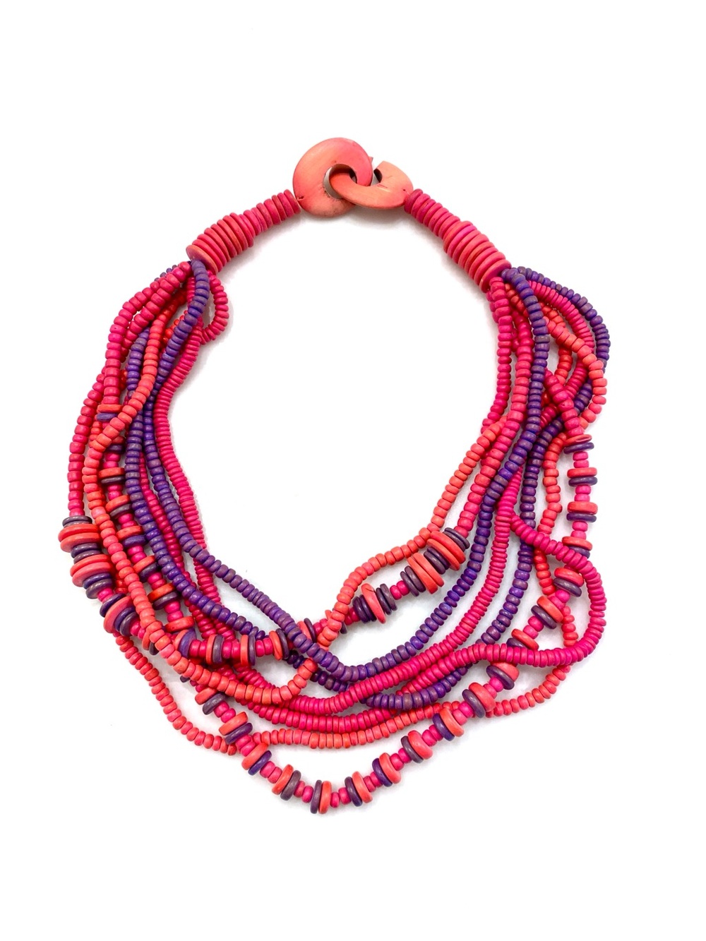 Vintage Multi Strand Wooden Disc Bead Necklace | Pink Coral Purple Layered